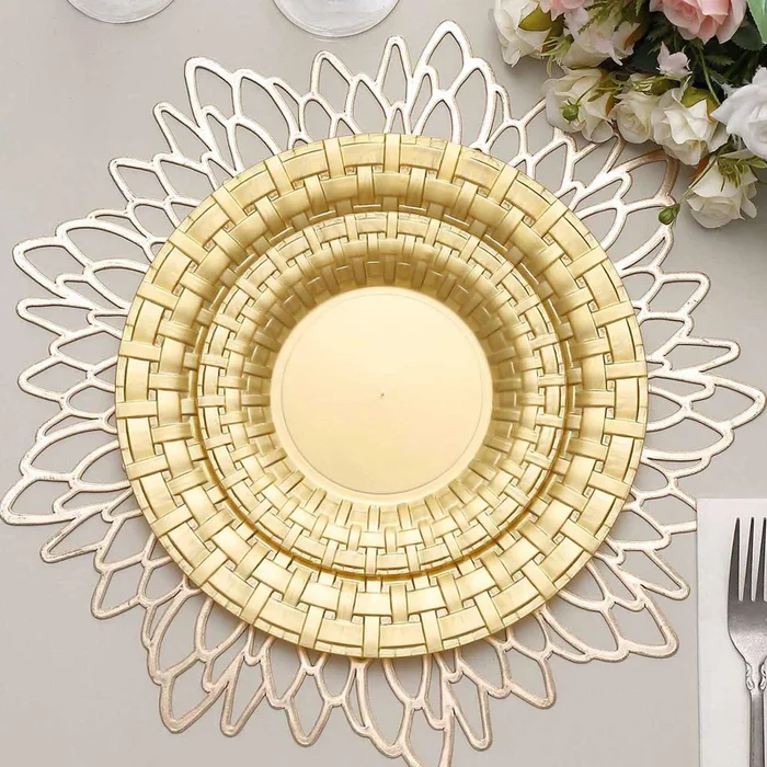 10 Pack 7″ Gold Basketweave Rim Plastic Salad Dessert Plates, Round Disposable Appetizer PlatesPlates