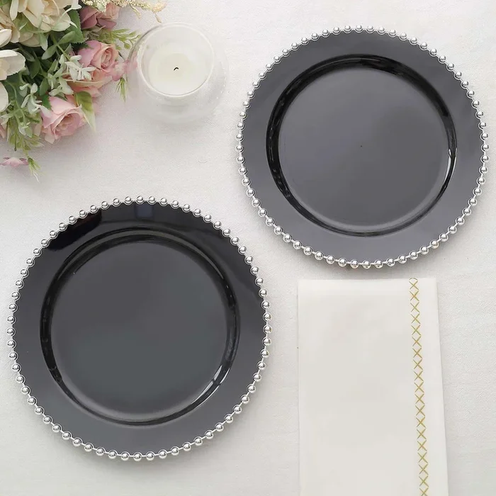 10-Pack Black Plastic Dessert Plates – 8″ Round with Silver Beaded Rim, Disposable for Parties & EventsPlates