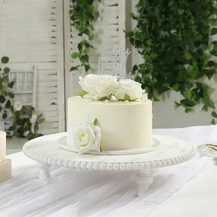 16″ Rustic Wooden Cake Stand – Antique White Pedestal with Beaded Edge, Cupcake Display or Wood Slice TrayCake Stands