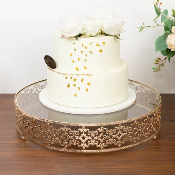 18″ Gold Metal Cake Stand with Glass Top Baroque Ornate Style, Round Dessert Display TrayCake Stands
