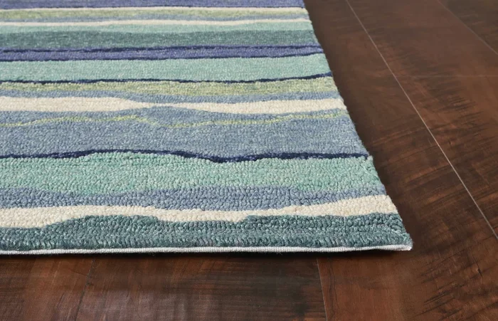 2’X3′ Blue Teal Hand Hooked Uv Treated Abstract Waves Indoor Outdoor Accent Rug