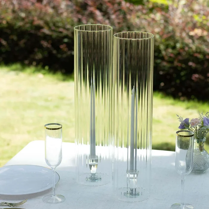 2-Pack Clear Ribbed Glass Hurricane Shades Open End Design – Stylish Candelabra Pillar Candle Holder Table Centerpiece 20″Centerpieces