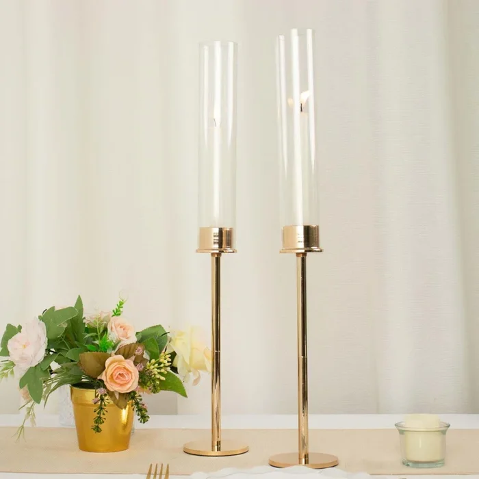 2-Pack Gold Metal Taper Candlestick Holders, Clear Glass Hurricane Candle Stands With Chimney Candle Shades 20″Centerpieces
