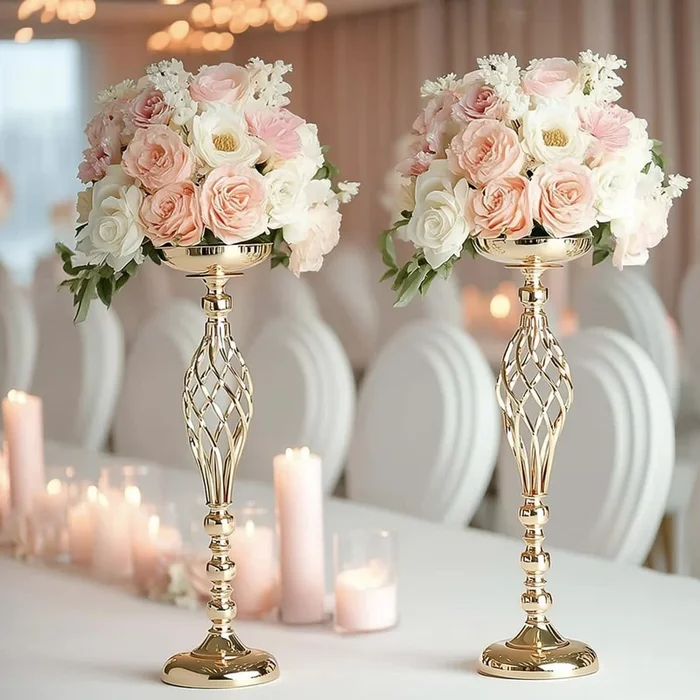 2-Pack Metal Pillar Candle Holders Reversible Flower Ball Pedestal Design Gold – Decorative Event Centerpieces 26″Centerpieces