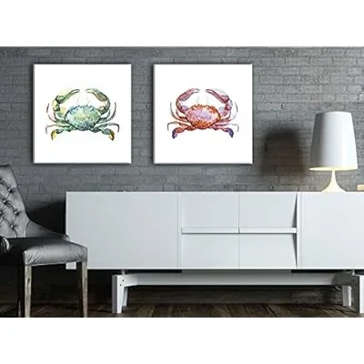 2 Panel Square Canvas Wall Art – Watercolor Painting Style Crabs in Red and Green – Giclee Print Gallery Wrap Modern Home Art Ready to Hang – 16