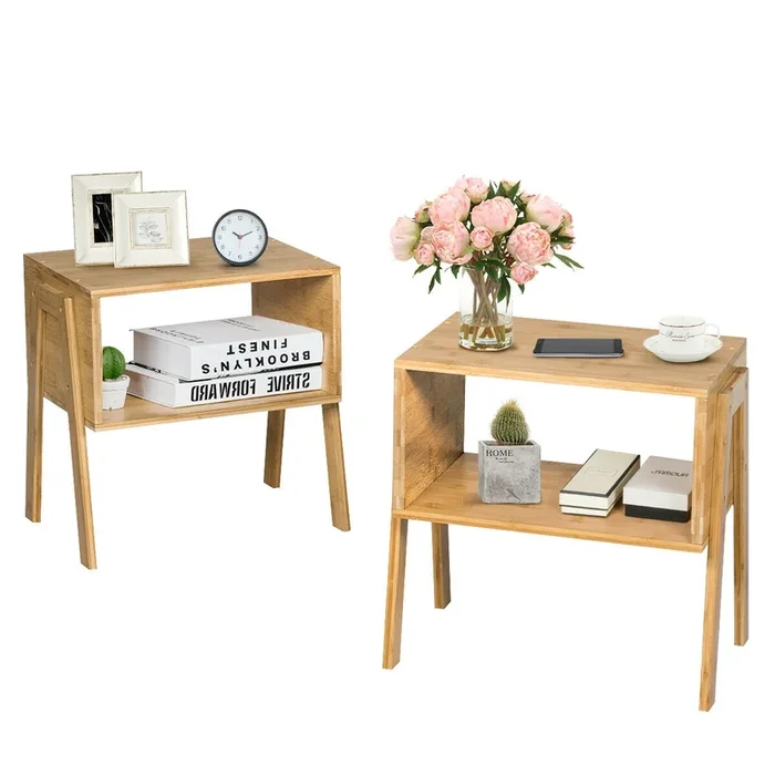 2 Pieces Wicker Nightstand Sofa Table with Storage Shelf