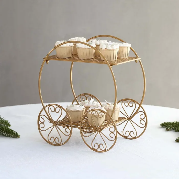 2-Tier Metal Cupcake Dessert Display Stand Gold – Sophisticated Cinderella Carriage Wedding Cake Stand Centerpiece for Fairytale Themes & Princess Parties 14″Cake Stands