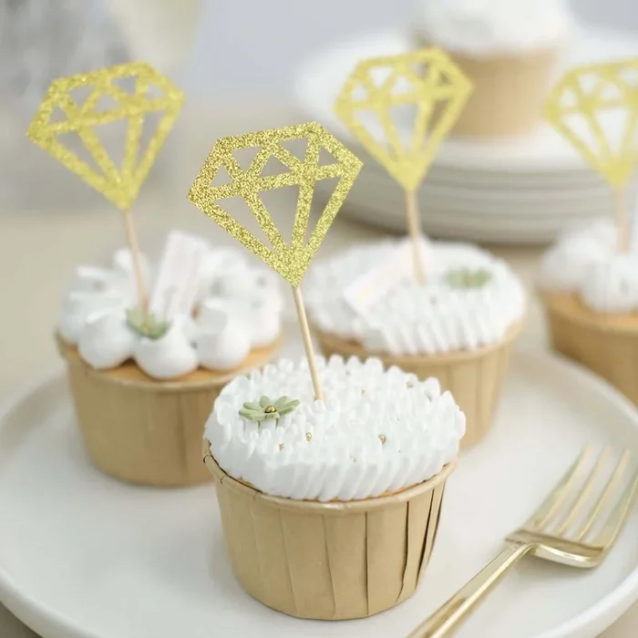 24-Pack Cupcake Toppers Diamond Ring Design Glitter Gold – Party Cake Picks Engagement Decoration SuppliesDecorations