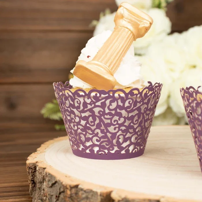 25-Pack Paper Cupcake Wrappers Lace Laser Cut Design Purple – Muffin Baking Cup Trays for EventsDecorations