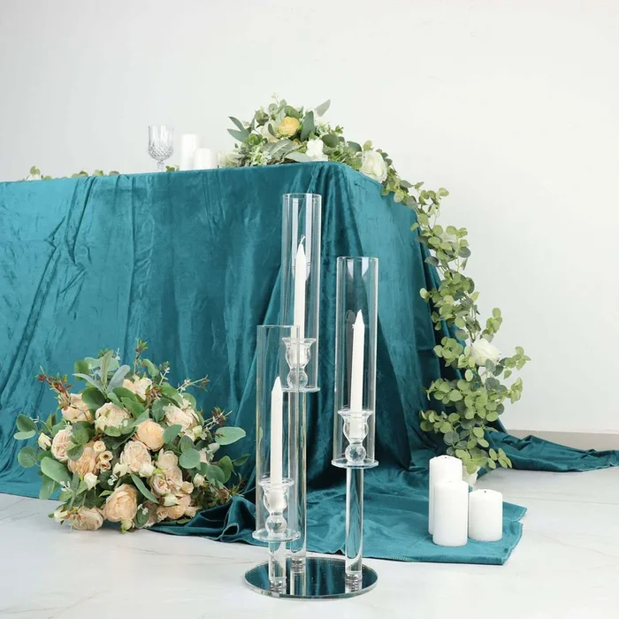 3-Arm Round Crystal Glass Candelabra Clear Taper Design – Sophisticated Pillar Candle Holder Table Centerpiece for Weddings 23″Centerpieces