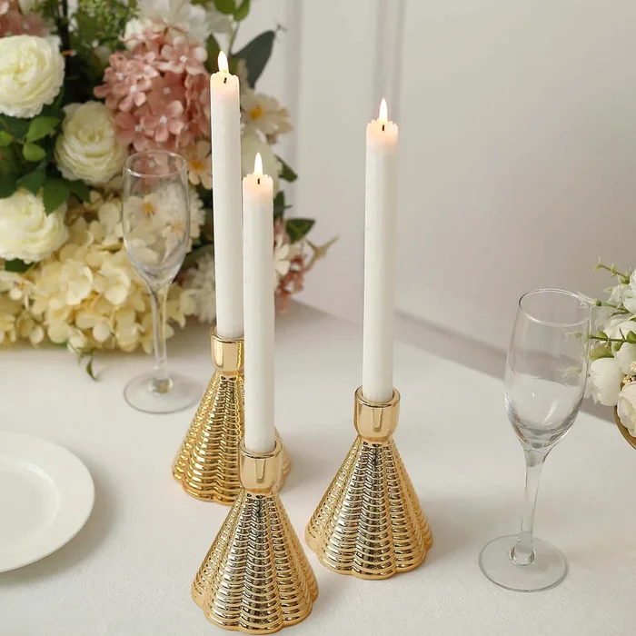 3-Pack Ceramic Taper Candle Holders Ribbed Cone Shaped Design Metallic Gold – Candlestick Stands for Decor 5″Centerpieces