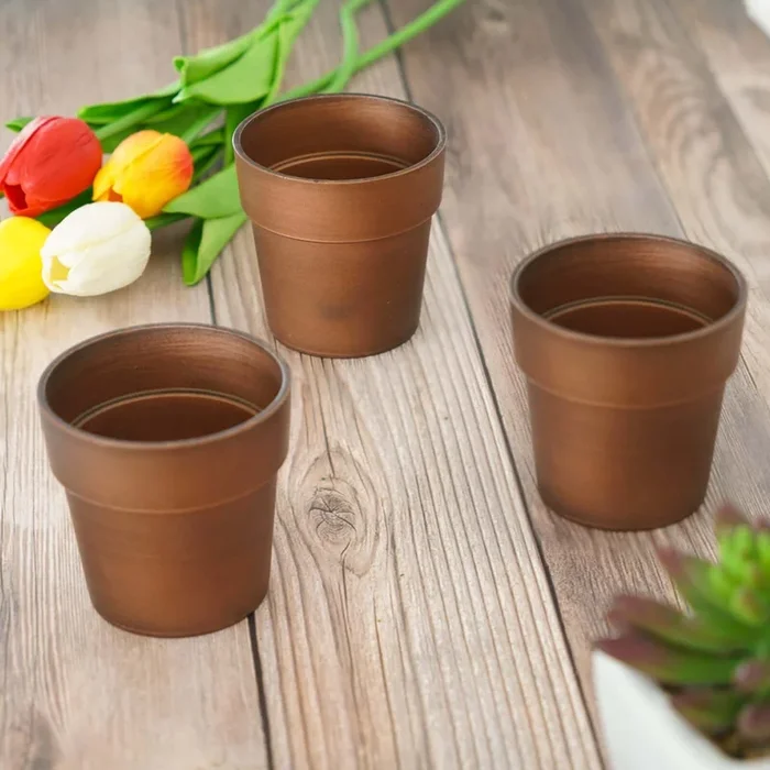 3-Pack Flower Plant Pots Small Design Rustic Brown – Plastic Indoor Decorative Planters 3″Centerpieces
