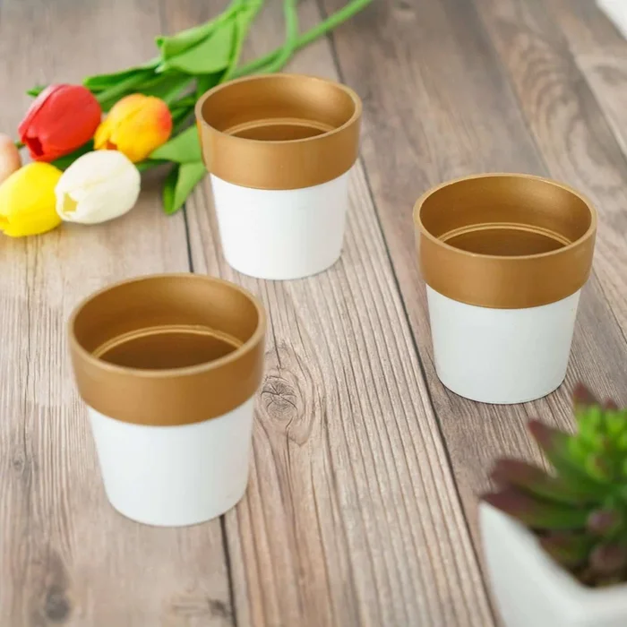 3-Pack Flower Plant Pots Small Design White with Gold Rim – Plastic Indoor Decorative Planters 3″Centerpieces