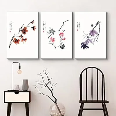 3 Panel Canvas Wall Art – Red, Pink, Purple Flowers with Chinese Writing Watercolor Art – Giclee Print Gallery Wrap Modern Home Art Ready to Hang – 16
