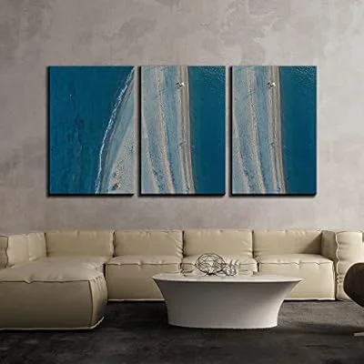 3 Piece Canvas Wall Art – Bird’s Eye View of Beach Through The Sea – Modern Home Art Stretched and Framed Ready to Hang – 16