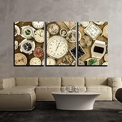 3 Piece Canvas Wall Art – Retro Styled Image of a Collection of Vintage Rusty Watches and Parts – Modern Home Art Stretched and Framed Ready to Hang – 24