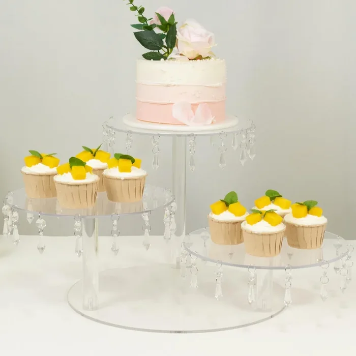 3-Tier Acrylic Cake Stand Clear with Hanging Crystal Pendants – Dessert Display for Weddings & PartiesCake Stands