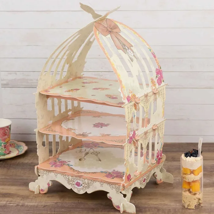 3 Tier Cardboard Cupcake Stand White/Peach Birdcage Style – Charming Reusable Cake Display Holder with Floral Print for Dessert Bars Afternoon Teas & Party Decor 18″Cake Stands
