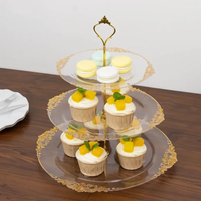 3-Tier Clear Plastic Cupcake Tower Stand with Gold Embossed Baroque Rim, 13″ Round Cake Dessert Holder Display Stand Tiered Serving Tray with Top HandleCake Stands