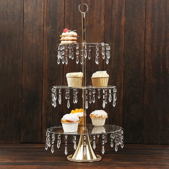 3-Tier Gold Cupcake Stand – 2ft Acrylic and Metal Dessert Display Tower with Hanging CrystalsCake Stands