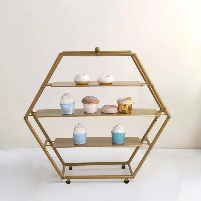 3-Tier Metal Hexagon Cupcake Stand Matte Gold – Stylish Geometric Dessert Holder Appetizer Display for Modern Weddings Dessert Buffets & Celebrations 21″Cake Stands