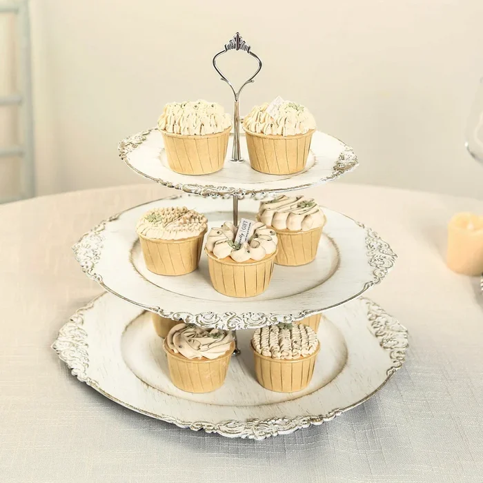 3-Tier Plastic Round Cupcake Stand Whitewashed with Antique Gold Baroque Rim & Top Handle 13″Cake Stands