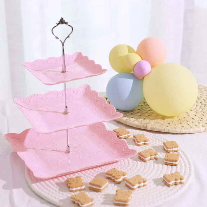 3-Tier Plastic Square Cupcake Stand Tower Pink – Charming Easy to Assemble Dessert Display Serving Tray Platter with Floral Embossed Scalloped Rim & Silver Handle for Tea Parties Weddings & Special Occasions 13″Cake Stands