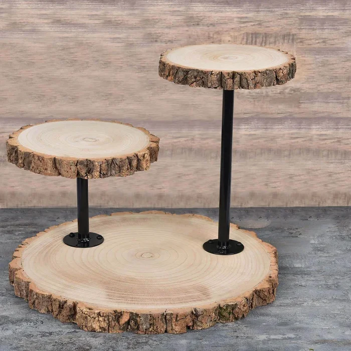 3-Tier Wooden Cheese Board Stand Natural Wood Slice Design – Rustic Cupcake Centerpiece with Assembly Tools 14″Cake Stands
