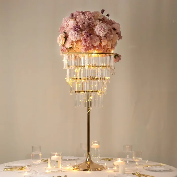 38″ Crystal Pendant 4-Tier Table Centerpiece Chandelier – Gold Metal Vase Stand with Square Frame, Round Base & Hanging CrystalsCenterpieces