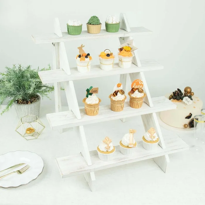 4-Tier Wooden Ladder Shelf Whitewashed Rustic Design – Cascading Stair Step Dessert Display Cupcake Holder 21″Cake Stands