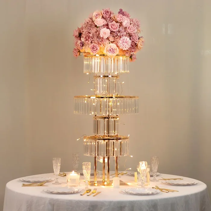 40″ Crystal Pendant Table Centerpiece in 5-Tier Gold, Round Flower Stand Metal Vase Chandelier with Hanging CrystalsCenterpieces