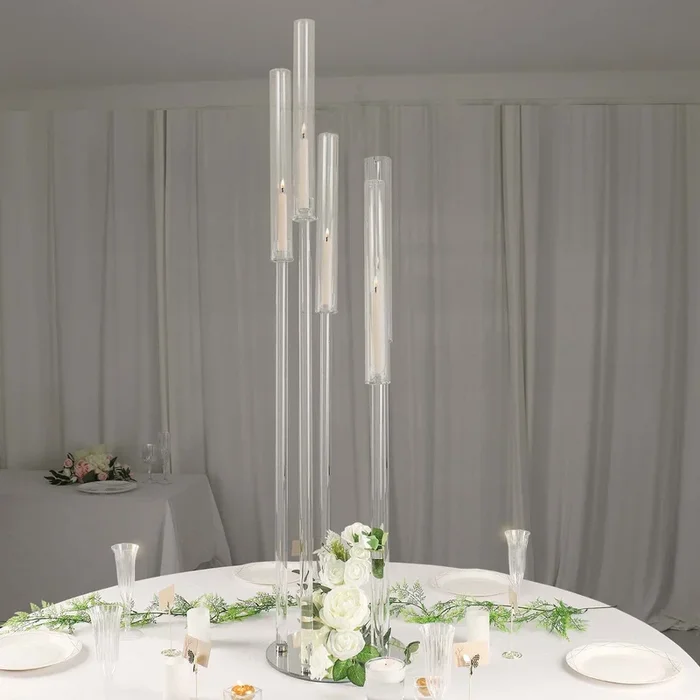 5-Arm Round Cluster Crystal Candelabra Clear with Mirror Base – Radiant Candle Holder Table Centerpiece for Votive & Pillar Candles 51″Centerpieces