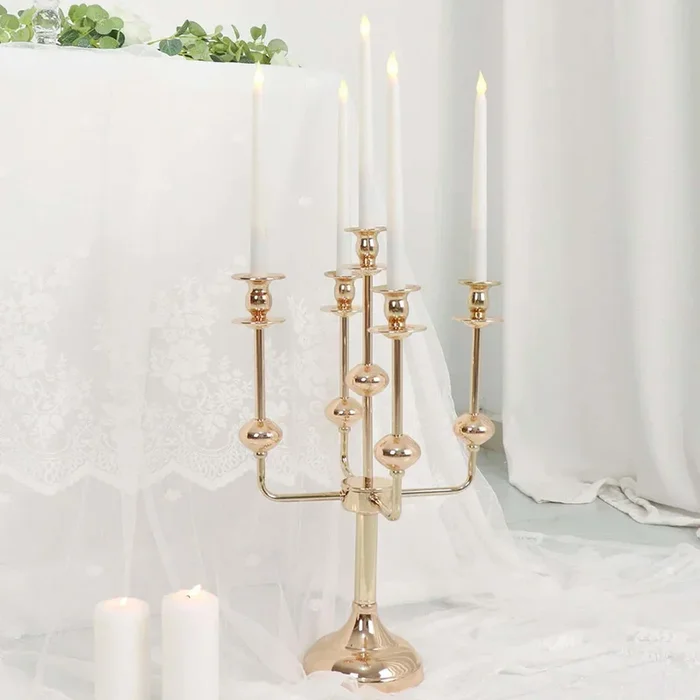 5-Arm Taper Candelabra Wedding Candle Holder Gold Metal Table Display – Perfect for Events 20″Centerpieces