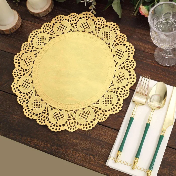 50 Pcs Paper 12″ Round Placemats in Gold – Food Grade Lace Paper Doilies for Dessert Display & Table DecorDecorations