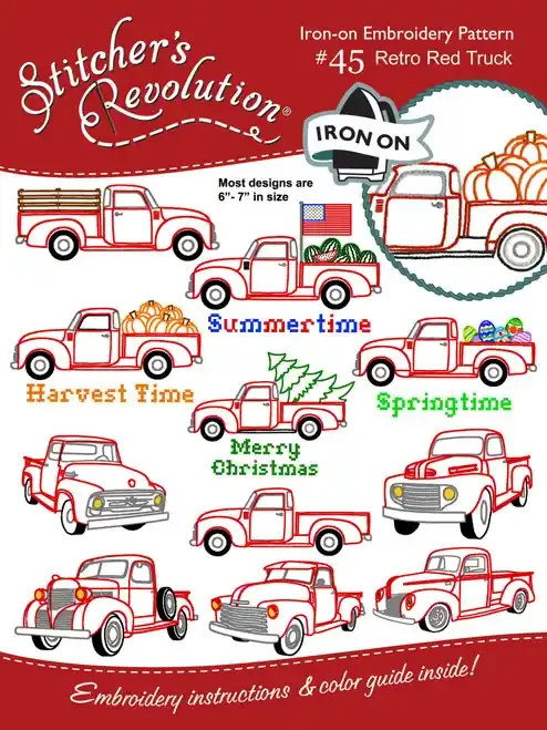 6 Pack – Stitcher‘s Revolution Iron-On Transfers-Retro Red Truck – SR-1H24Q