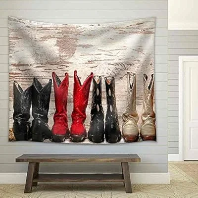 American West Legend Cowgirl Leather Boots Rear Heel View in Straight Western Line – Fabric Wall Tapestry Home Decor – 68×80 inches