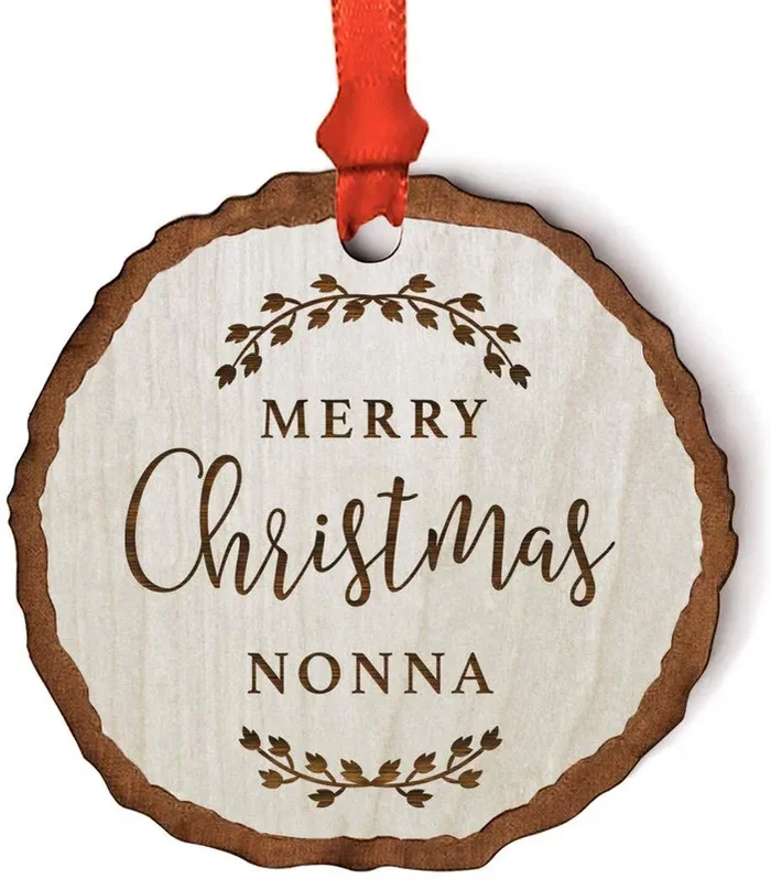 Andaz Press Real Wood Rustic Christmas Ornament, Engraved Wood Slab, Merry Christmas Nonna, Rustic Laurel LeavesSet of 1