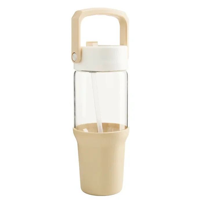 Beige Glass Carry Handle Bottle W Ns Silicone Base, 32oz