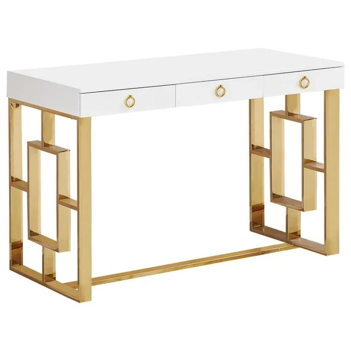 Best Master Furniture Best Master Brooks 3-Drawer Wood and Stainless Steel Frame Writing Desk – Gold
