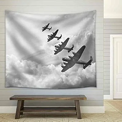 Black and White Retro Image of Lancaster Bombers from Battle of Britain in World War Two – Fabric Wall Tapestry Home Decor – 68×80 inches