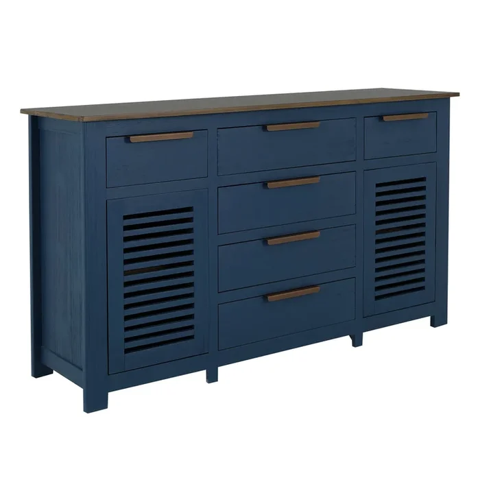 Boney Sideboard Buffet Console, 6 Drawers, 2 Doors, Blue Brown 69 Inch