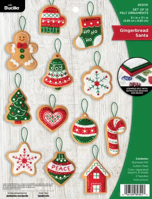 Bucilla Felt Ornaments Applique Kit Set Of 12-Gingerbread Santa – 89301E