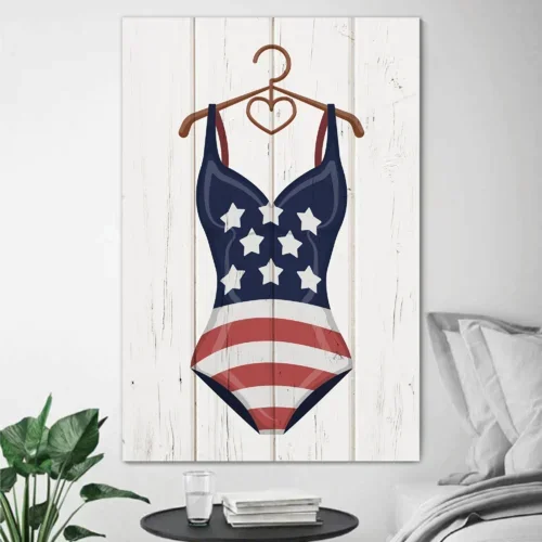 Canvas Wall Art – Women Swimming Suit with American Flag Pattern on Vintage Wooden Background – Giclee Print Gallery Wrap Modern Home Art Ready to Hang – 24×36 inches