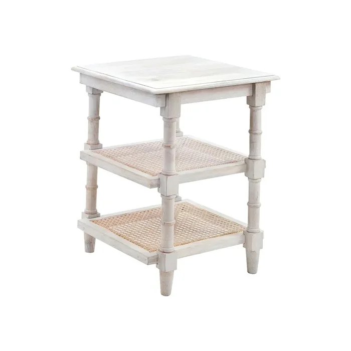 Carolina Living Chesterfield Wood & Cane 3 Shelf Side Table – Whitewash