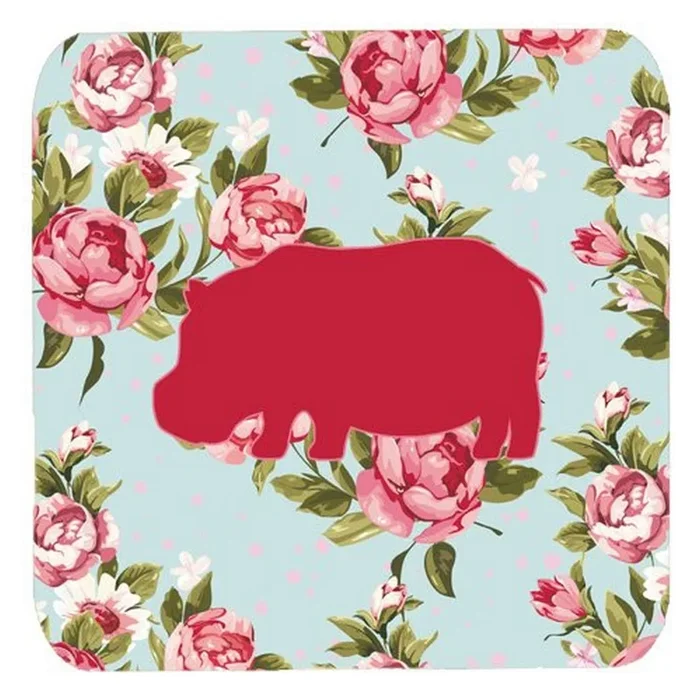 Caroline’s Treasures BB1130-RS-BU-FC Hippopotamus Shabby Chic Blue Roses Foam Coasters (Set of 4), 3.5 H x 3.5 W, Multicolor