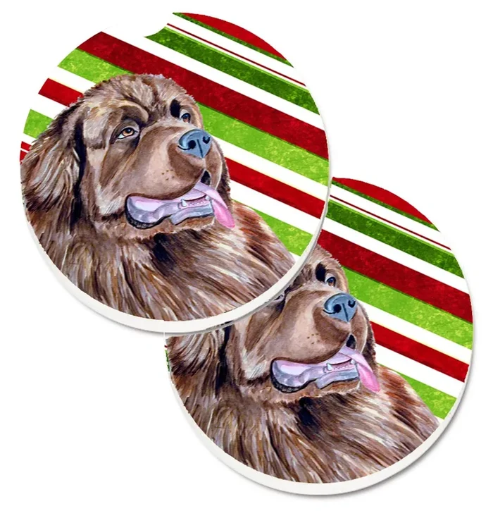 Caroline’s Treasures Newfoundland Candy Cane Holiday Christmas Set of 2 Cup Holder Car Coasters LH9219CARC, 2.56, Multicolor