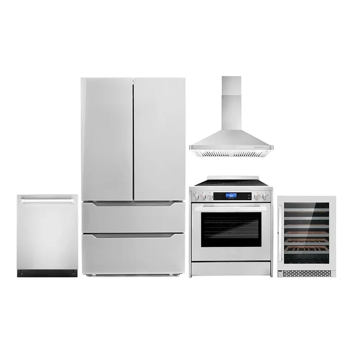 Cosmo Package – 30″ Electric Range, Wall Mount Range Hood, Dishwasher, Refrigerator with Ice Maker and Wine Cooler, COS-5PKG-002