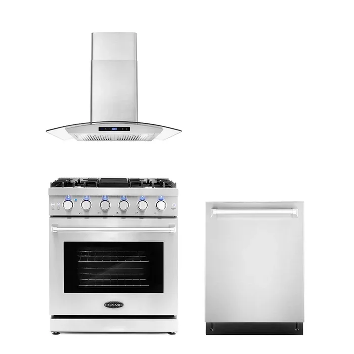 Cosmo Package – 30″ Gas Range, Wall Mount Range Hood and Dishwasher, COS-3PKG-022