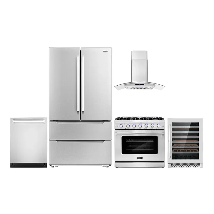Cosmo Package – 36″ Gas Range, Wall Mount Range Hood, Dishwasher, Refrigerator with Ice Maker and Wine Cooler, COS-5PKG-208