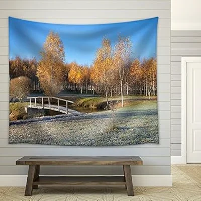 Country Landscape with Small Bridge in an Autumn Season. – Fabric Wall Tapestry Home Decor – 68×80 inches